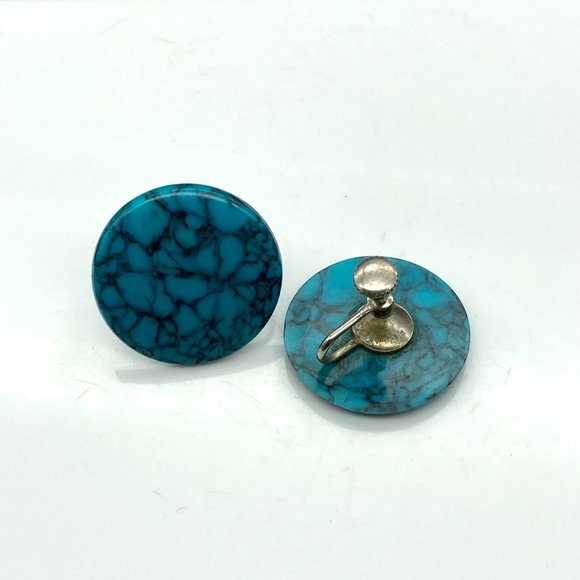 Faux Turquoise Screw Back Earrings, Vintage Blue Veined Lucite Buttons - Picture 4 of 5
